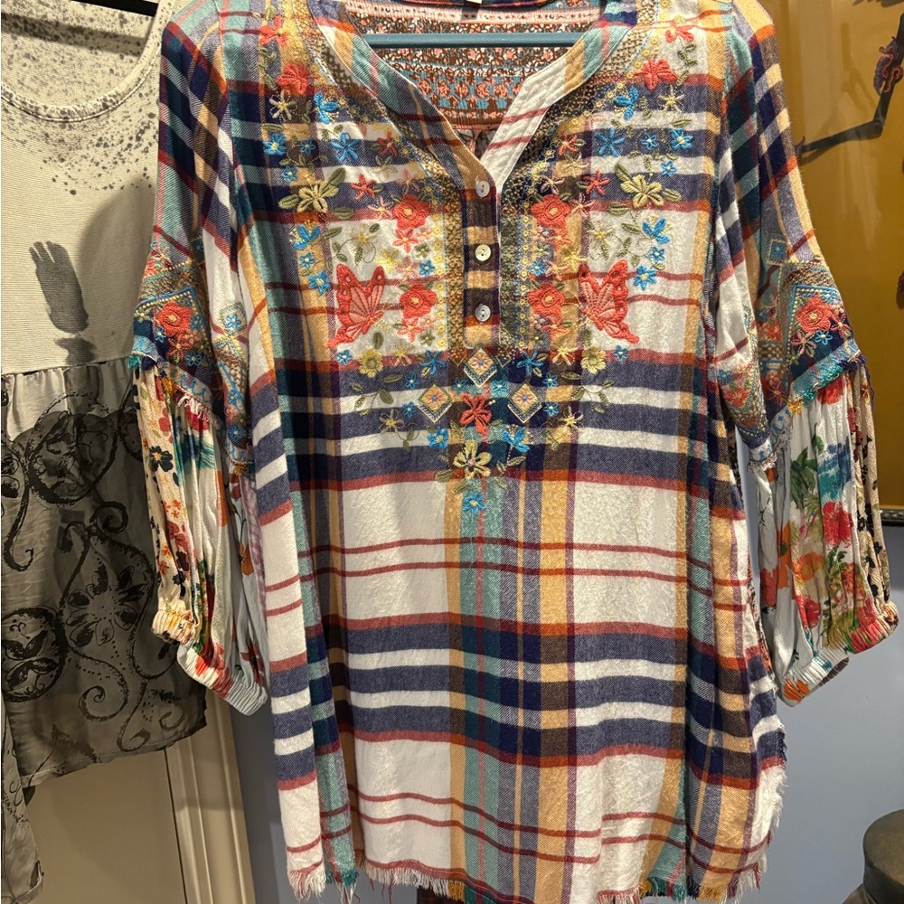 John Mark Multicolor Embroidered Plaid Tunic